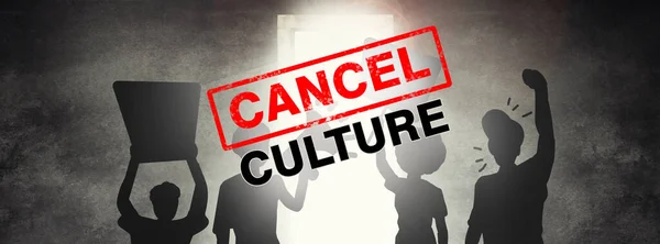 Pessoas Grupo Silhueta Para Cancelar Protesto Cultura Com Megafone Cartaz — Fotografia de Stock