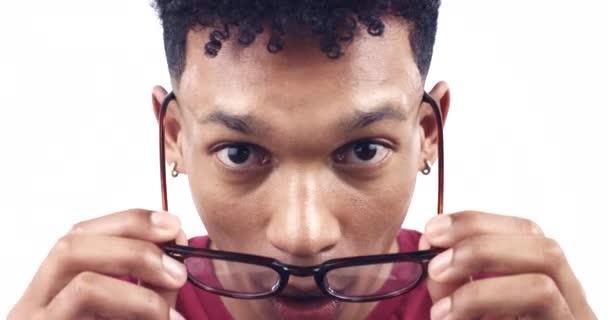 Wow Surpresa Cara Homem Com Óculos Para Ler Notícias Promo — Vídeo de Stock