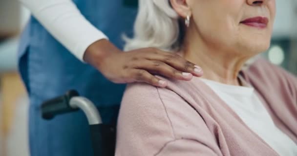 Manos Enfermera Mujer Mayor Silla Ruedas Con Apoyo Servicios Salud — Vídeos de Stock