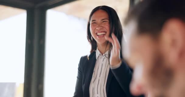 Trabajo Equipo Mujer Feliz Gente Negocios Riendo Una Reunión Planeando — Vídeos de Stock