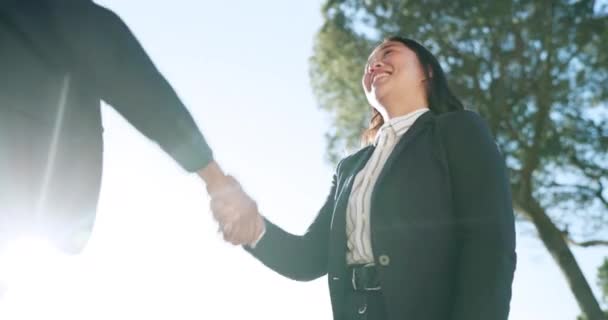 Ομαδική Εργασία Ευτυχισμένη Γυναίκα Επιχειρηματίες Χειραψία Στο Πάρκο B2B Συνάντηση — Αρχείο Βίντεο