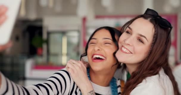 Nők Szelfi Boldog Lány Barátok Egy Étteremben Profilképpel Közösségi Médiával — Stock videók