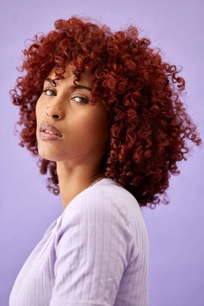 Hair Portrait Woman Studio Beauty Wellness Texture Treatment Purple Background — Stock Photo, Image