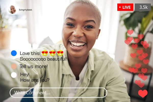Selfie portrait, black woman and live streaming social media video, online comment or broadcast feedback, notification or communication. Home content creator, app screen face and influencer recording.