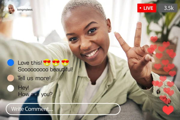 Selfie portrait, peace sign and live streaming black woman, social media influencer and vlogger record broadcast. V emoji, face screen and content creator filming video, home podcast or communication.
