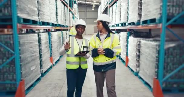 Magazijn Logistiek Vrouwen Met Tablet Voorraadcontrole Supply Chain Distributie Met — Stockvideo