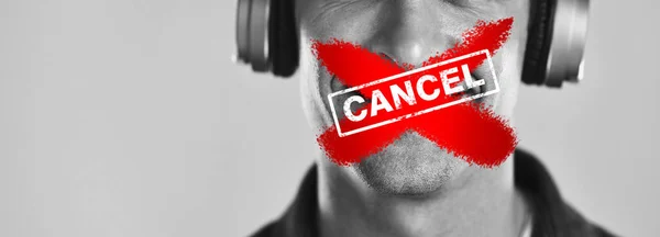 Cancel Culture Man Mouth Banned Overlay Graphic Red Cross Studio — Stock Photo, Image