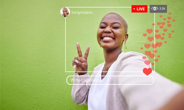 Portrait, social media and a peace sign with a black woman recording live content for like, emoji or interaction. Frame, smile and update with a happy young influencer in studio on a green background.