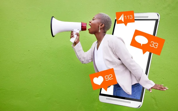 Comunicação Megafone Mulher Negra Ícones Telefone Emoji Mídia Social Anúncio — Fotografia de Stock