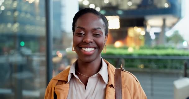 Mulher Negra Sorriso Retrato Uma Cidade Para Viagens Negócios Uma — Vídeo de Stock