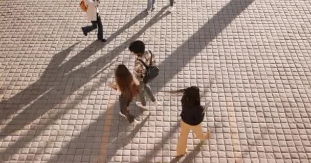 캠퍼스 학생들과 쇼핑몰 아침에 학교에 콘크리트에 그룹과 젊은이 학교에서 클래스 — 비디오