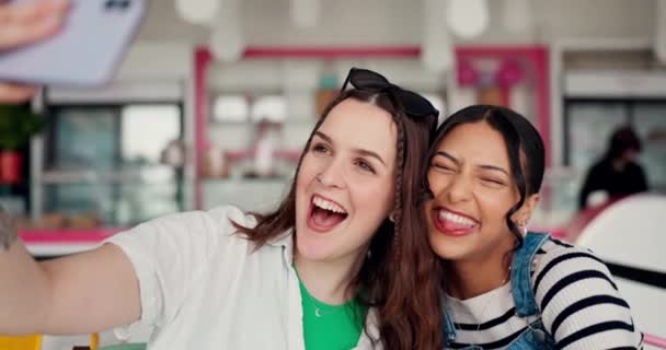 Szczęśliwy Dziewczyny Przyjaciele Uśmiechają Się Selfie Restauracji Lub Kawiarni Podekscytowany — Wideo stockowe