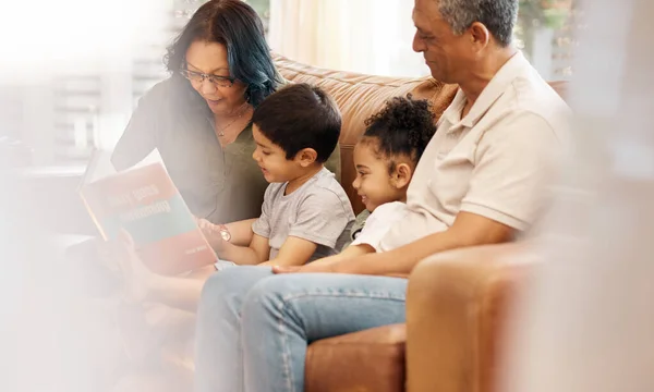 Home, story learning and student support with children and book for education. Studying, kid and grandfather with teaching, communication and reading for youth development and family in a house.