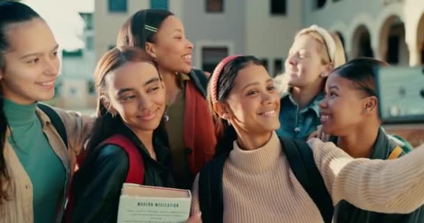 Laughing Students Selfie Diversity School College University Campus Social Media — Stock Video