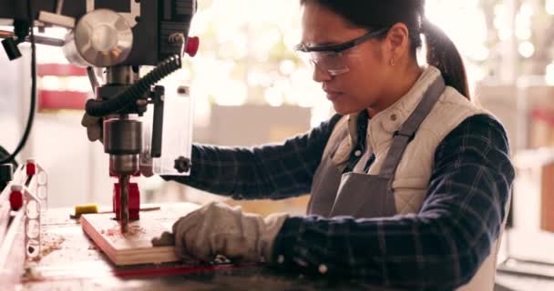 工事のための大工の女性 企業のドリルおよび木は研修会の安全と点検し 製造します 目のためのPpeガラスが付いているガレージの倉庫またはハードウェアの木工の専門家 用具そしてペンキ — ストック動画