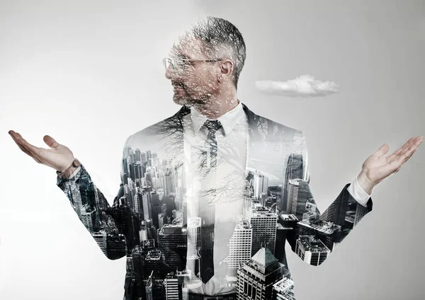 Businessman, thinking or choice in double exposure city by white background space for eco friendly building solution. Mature person, architecture or decision hands for green business questions or why.