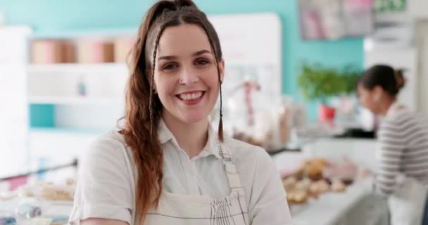 Fırın Kadın Yüzü Gülümsemesi Küçük Işletme Restoran Başlangıç Kariyeri Için — Stok video