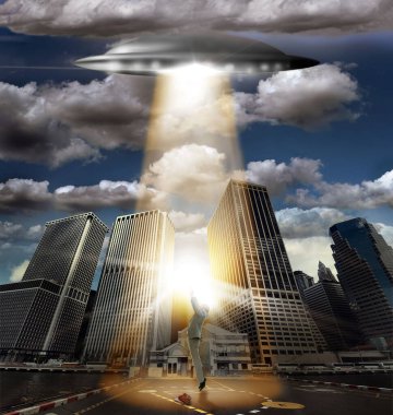 UFO, spaceship and alien abduction in street, man victim and tractor beam for horror, search or light. UAP ship, flying saucer and lights in dark cityscape, metro or cbd for fantasy, flight or person. clipart