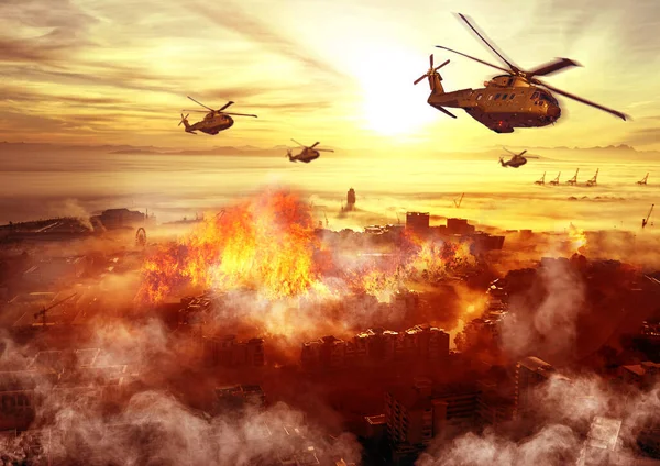 Conflict, military and helicopter with fire in explosion for service, army duty and battle in city. Mockup, apocalypse and airforce with bombs for armed forces, defense and warfare in battlefield.