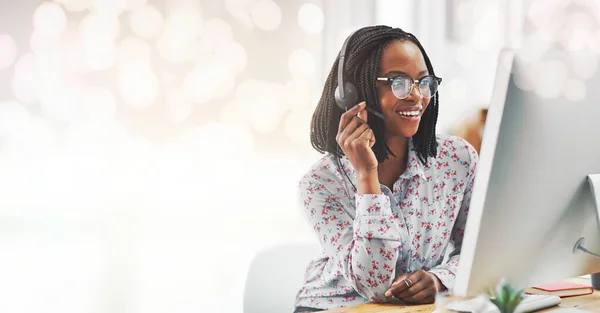 Business, telemarketing and black woman with a computer, mockup or call center with help desk, connection or crm. African person, employee or sales agent with a pc, bokeh or tech support in an office.