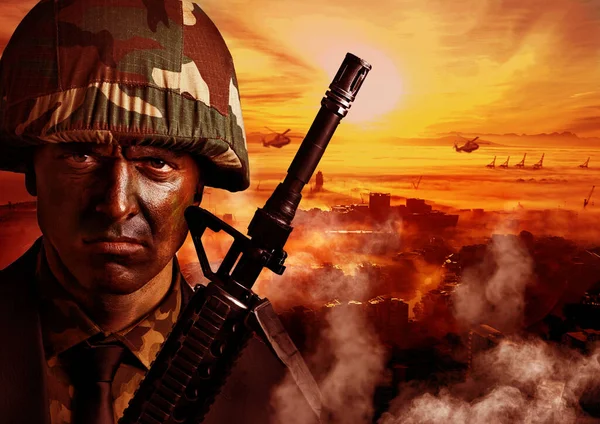 Explosion Militaire Portrait Soldat Avec Feu Zone Guerre Pour Service — Photo