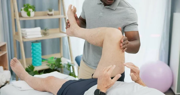 Physiotherapy hands, stretching legs or person with patient for rehabilitation support, recovery or knee motion exercise. Physical therapy, healing and physiotherapist help client with joint mobility.