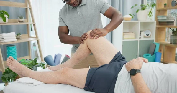 Physiotherapy hands, knee massage and person help patient with rehabilitation, recovery or joint problem. Physical therapy care, injury healing support and physiotherapist check leg muscle of client.