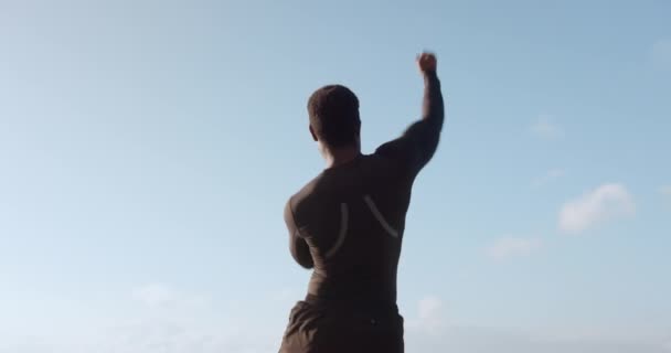 Man Fitness Fist Pump Mockup Celebration Winning Sports Achievement Sky — Stock Video