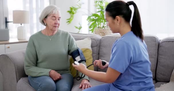Vérnyomás Teszt Gondozó Segít Idős Nyugdíjba Konzultáció Kanapén Otthon Támogatást — Stock videók