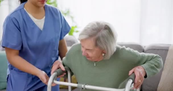 Homecare Ondersteuning Senior Vrouw Met Looprek Woonkamer Met Verpleegster Voor — Stockvideo
