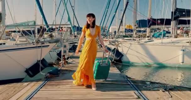 Viaje Barco Maleta Viento Con Una Mujer Caminando Muelle Puerto — Vídeos de Stock
