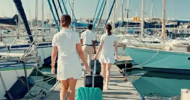ボートポート スーツケース そして海での旅行 夏の旅行に歩く人々の背中 船のドックでの荷物 乗組員 観光客の豪華な休日 海でヨットで木製の橋で屋外 — ストック動画