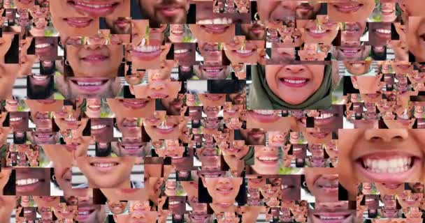 Uśmiech Zęby Usta Collage Ludźmi Kolekcji Razem Dla Różnorodności Jedności — Wideo stockowe