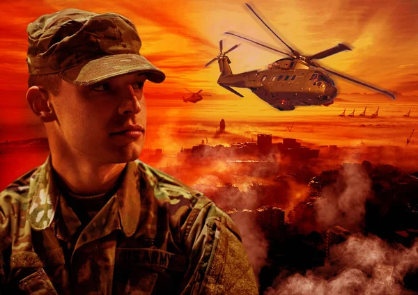 ヘリコプターを備え カモフラージュでの戦闘のために戦場で発砲する 都市での戦闘と行動のための軍服の黙示録 紛争と顔 — ストック写真