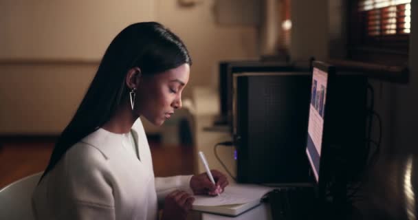 Υπολογιστή Σημειωματάριο Και Γράψιμο Νύχτα Μια Γυναίκα Στο Γραφείο Της — Αρχείο Βίντεο