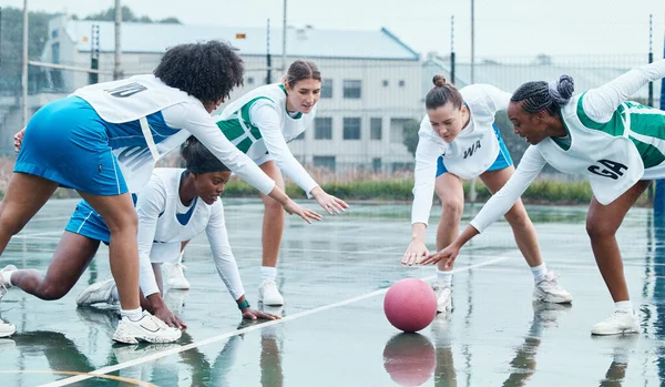 Sports, ball and team netball competition, practice and women playing game, court challenge or winter match. Fitness, teamwork and group workout, tournament and athlete action, exercise or training.
