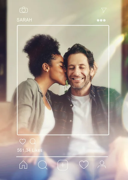 Couple, kiss and social media picture on camera, care and bonding together. Love, intimate and happy man and woman post photo on internet for interracial connection, smile and relationship in home.
