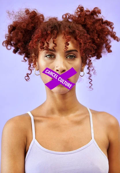 Cancel culture, overlay and silence with portrait of woman with tape in studio for censorship, social media and cyber bullying. Free speech, opinion and voice with person on purple background.