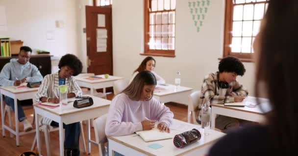 講義の先生 学生は 学校の仕事のための机で注意を払っています スピーキング 大学の教室で教え 女性と若い男性と女性が本で試験を書く — ストック動画