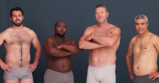 Unieke Mannen Body Positiviteit Gezicht Met Diversiteit Vertrouwen Gelukkig Studio — Stockvideo