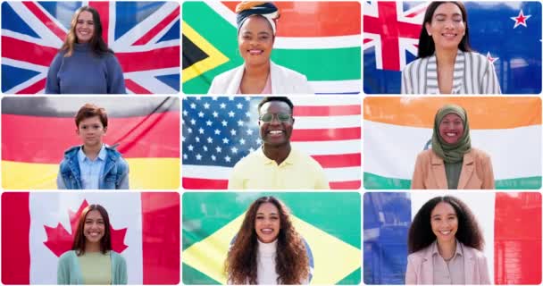 コミュニティ 国際的なグループのための旗の背景を持つ人々のコラージュ 多様性と顔 幸せと誇りと笑顔を持つ国の男性と女性のモンテージ コレクションと肖像画 — ストック動画