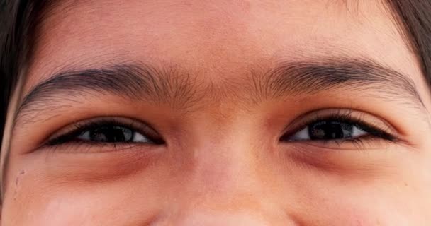 具有光学健康 健康和光学意识的儿童的眼睛 视力和肖像 具有自然眼科护理观念的女童的视力 眼科和特写或放大 — 图库视频影像