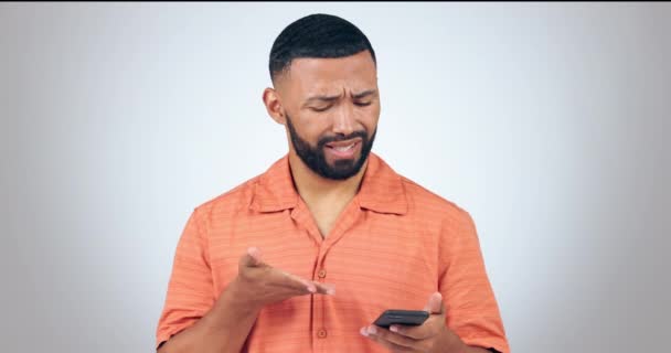 Phone Stress Face Man Studio Wtf Text Fake News Comment — Stock Video