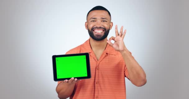 Tablet Zielony Ekran Człowiek Porządku Tak Ręce Sukcesu Dla Aplikacji — Wideo stockowe
