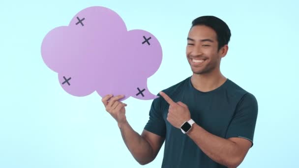 Happy Asian Man Speech Bubble Pointing Mockup Advertising Studio Background — Stock Video
