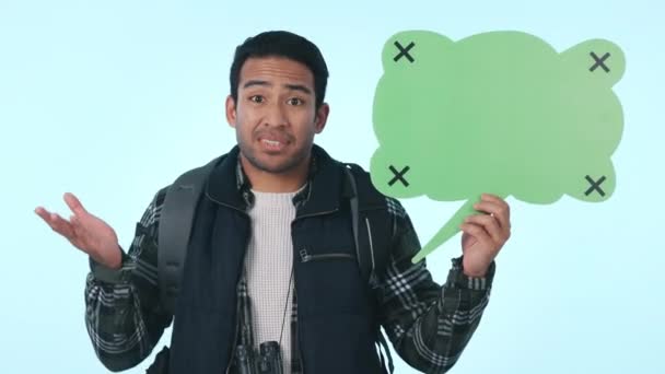 Speech Bubble Travel Confused Face Man Studio Questions Social Media — Stock Video