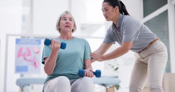 Physiotherapie Chiropraktiker Und Alte Frau Mit Kurzhanteln Unterstützung Und Gesundheitsrehabilitation — Stockvideo