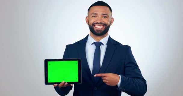 Tablet Tela Verde Homem Negócios Apresentação Publicidade Mockup Design Site — Vídeo de Stock