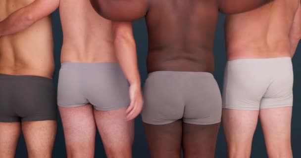 Body Positiviteit Diversiteit Mannen Ondergoed Met Community Vertrouwen Rug Van — Stockvideo