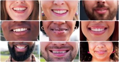 Gülümseme, diş ve diş kolajı çeşitlilik, birlik ve kapsama için insanlarla birlikte bir koleksiyonda. Ağız, mutluluk ya da dudaklar. Doğal erkek ve kadın montajı. Hijyen ya da ağız sağlığı için yakın çekim..